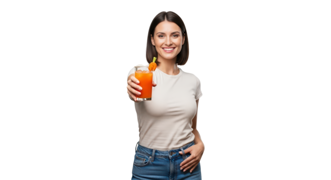 Young woman holding a glass of orange juice isolated on transparent background
