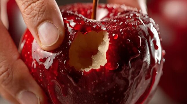Close up of a bitten red candy apple with water droplets and a hand holding the apple stem