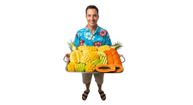 Man in hawaiian shirt holding a large tray of assorted tropical fruits, isolated on transparent background - Powered by Adobe