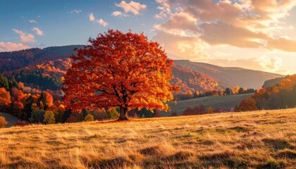 Dramatic Sunset Over Autumnal Landscape with Orange Leaved Tree on Grassy Hill Against Mountainous Background Under Cloudy Sky