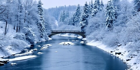 A picturesque winter landscape featuring a snow covered forest a calm river with ice floes and a bridge in the distance