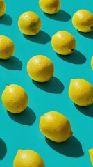 Bright yellow lemons scattered on a vibrant teal background, creating a fresh and colorful aesthetic.