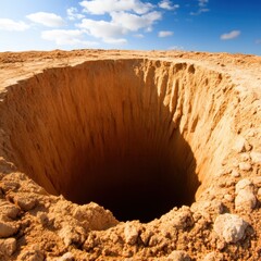 Deep Vertical Pit Surrounded by Dry Soil under Blue Sky