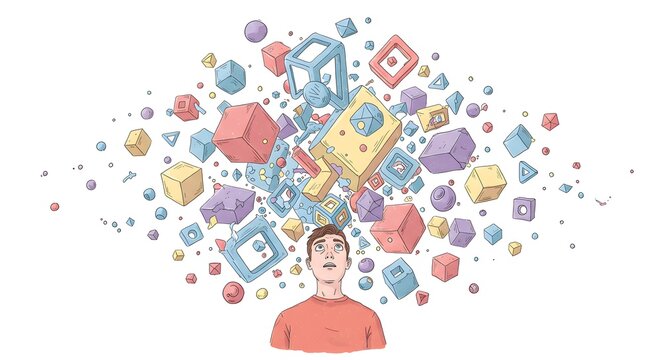 Illustration of a person with an exploding mind full of colorful shapes