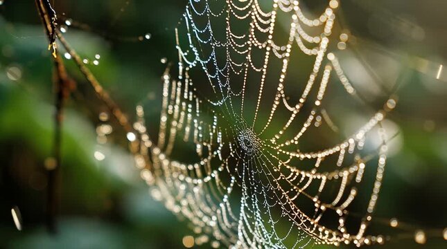 A glistening spiderweb covered in morning dew with a blurred green background in soft focus outdoors