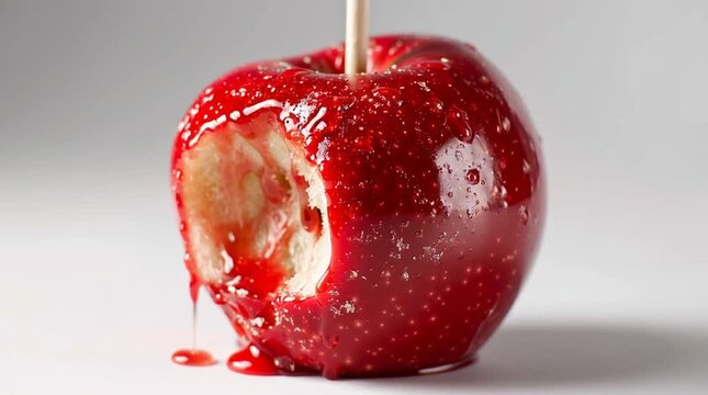 A partially eaten red candy apple on a stick with a bite mark against a plain white background