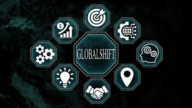 Conceptual graphic depicting global shift featuring business concepts and iconography