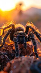 Dramatic Sunset Seascape with Giant Black Tarantula Glowing in Golden Light Coastal Photography