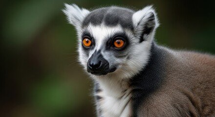 Lemur stares ahead with orange eyes and gray/white fur in soft light