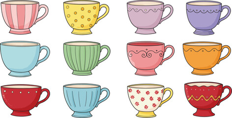 Colorful teacups collection, ceramic mugs, patterned coffee cups, vibrant tea set, decorative porcelain, kitchenware design, artistic crockery, modern tableware, unique drinkware