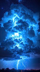 Dramatic Night Sky with Electric Blue Lightning and Starry Background HDR