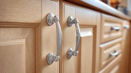 Obraz premium Close-up of kitchen cabinet doors with ornate silver handles, highlighting wood grain