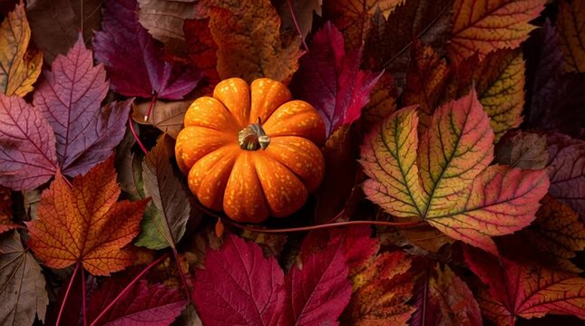 A small orange pumpkin surrounded by colorful autumn leaves in a fall themed background scene