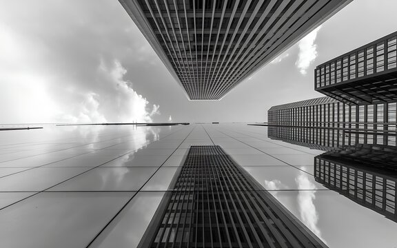 Monochromatic futuristic skyscraper cityscape with reflections in a modern metropolis