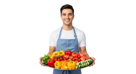 A smiling man wearing an apron holds a platter of fresh vegetables, isolated on transparent background