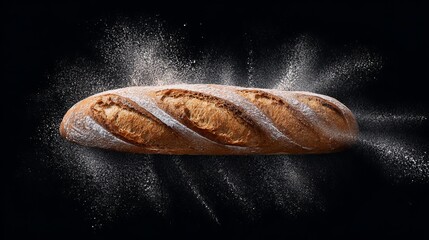 Baguette on a Clean Black Background with White Powder, Top View Professional Food Photography