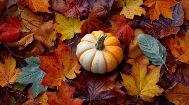 A small pumpkin sits nestled among fallen autumn leaves in shades of red yellow and brown colors