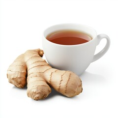 Fresh Ginger Root with Cup of Tea on Bright Background