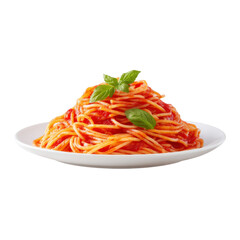Delicious Plate of Spaghetti with Tomato Sauce and Fresh Basil Garnish on a Bright White Background