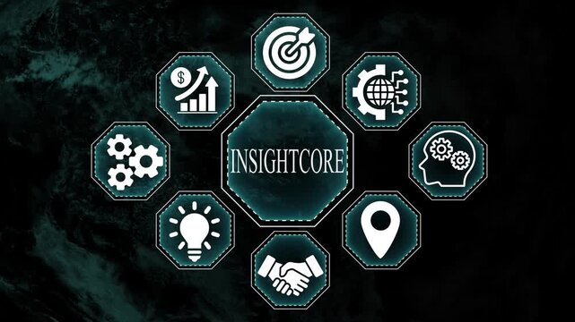 Insightcore logo with various icons illustrating business concepts and ideas on dark background