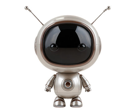Cute tiny AI robot pet companion with friendly expression. This futuristic technology character element has big head, antenna, and metallic body, on an isolated background