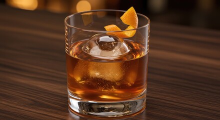 Whiskey Cocktail with Ice Sphere and Orange Twist on Wood Surface