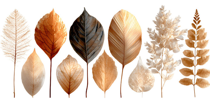 Collection of Natural of Tropical brown dry leaves in autumn season isolated on transparent png background, varies different of plant botanical.