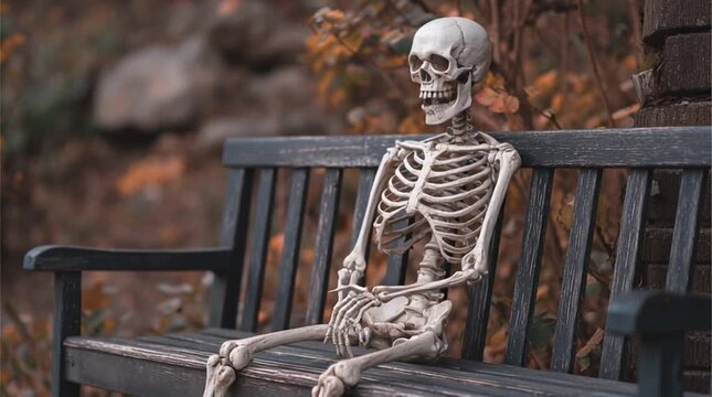 A skeleton sitting on a wooden bench with autumn leaves in the background  waiting patiently outside