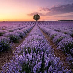 Obraz premium Tranquil lavender fields under a golden sunset with a solitary tree