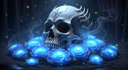 Skull surrounded by glowing blue roses with mystical smoke in a dark setting art