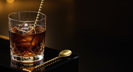 Whiskey Pour: Golden Spoon Stirring Drink with Ice in Crystal Glass on Black Surface