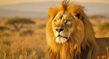 Obraz premium Majestic lion stares, with golden mane and savanna background.