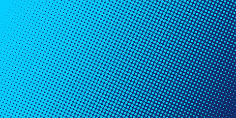Halftone gradient pattern vertical vector illustration. Blue dotted halftone texture. Pop Art light blue dots halftone, dark blue Background.