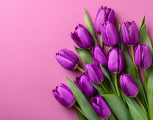 Beautiful purple tulips arranged elegantly on soft pink background, creating vibrant and cheerful atmosphere