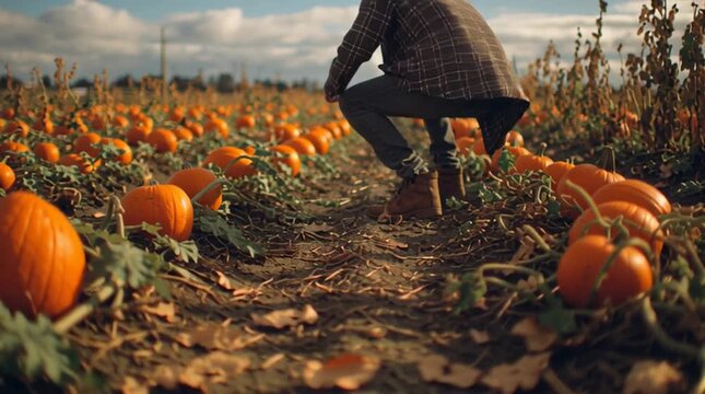 Person walking through a pumpkin patch with orange pumpkins and a blue sky in the background view from below