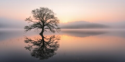 A solitary bare tree stands in calm water at dawn with a soft misty sunrise reflection