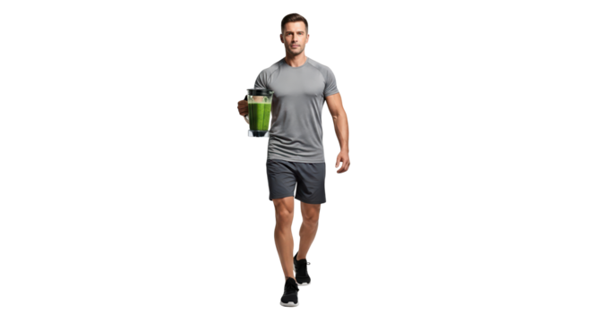 Man walking with a green smoothie in a shaker isolated on transparent background