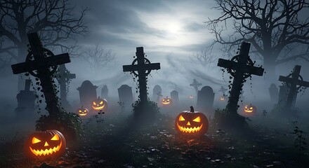Spooky halloween night scene with glowing pumpkins in a misty graveyard setting