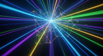Naklejka premium Explosive Burst of Colorful Laser Beams and Geometric Network on Black abstract explosion