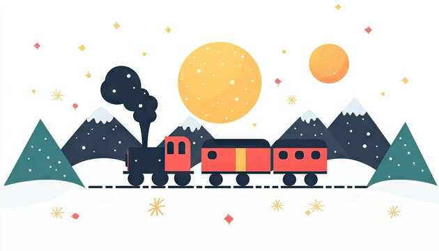 Cartoon train on snowy landscape at night