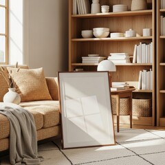 Mockup poster frame in cozy Scandinavian living room interior with wooden bookshelf, neutral sofa, and natural minimalist home decor