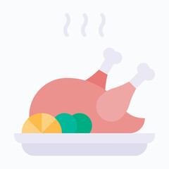 Roasted Chicken on Plate Isolated Vector Flat Style Icon.