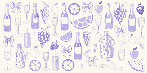 Purple hand drawn celebration elements featuring champagne bottles glasses grapes oranges apples and bows