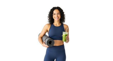 Woman holding a yoga mat and a green smoothie isolated on transparent background
