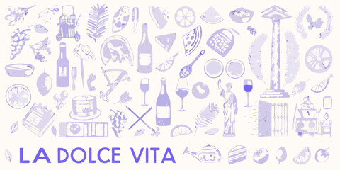 La dolce vita italian lifestyle collage featuring food drink travel and iconic symbols