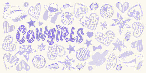 Whimsical purple cowgirl themed illustration with hand drawn elements and the word cowgirls
