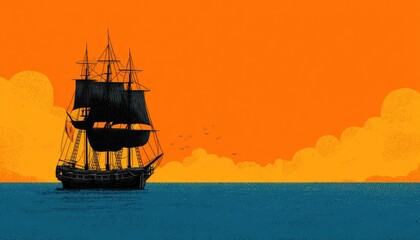 Silhouetted ship at sea, vibrant sunset