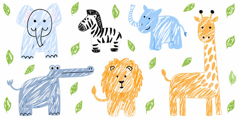 Cute hand drawn safari animals including elephants zebra lion giraffe and crocodile with green leaves on white background © Rahul