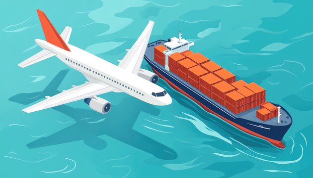 Aerial view of cargo ship and airplane over water