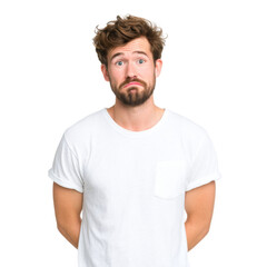 Obraz premium Young Man Exhibiting Uncertainty with Confused Expression and Casual Attire in Bright Studio Background